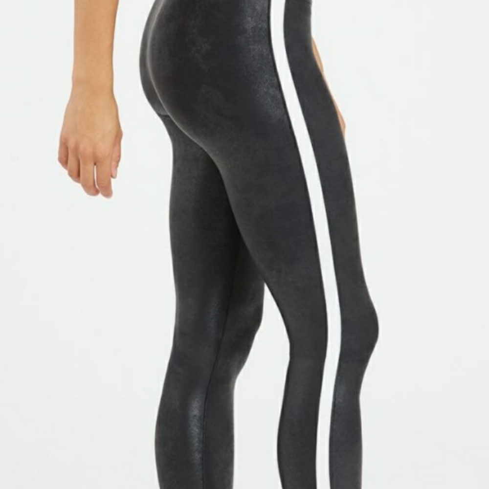 Spanx Faux Leather White Side Stripe Leggings